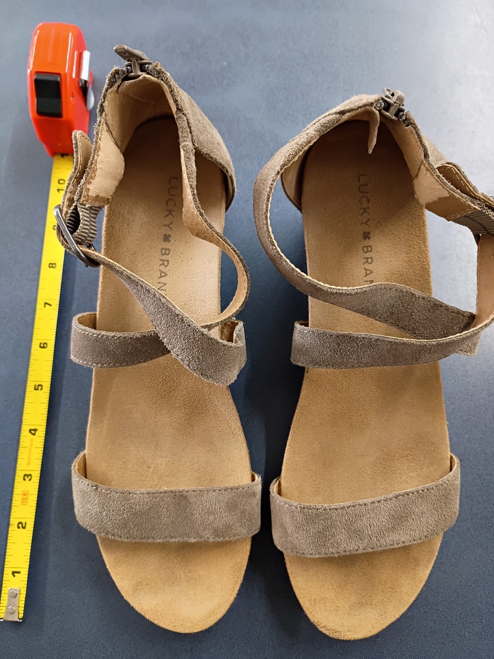 Lucky Brand Women’s Taupe Suede Strap Wedge Sandals